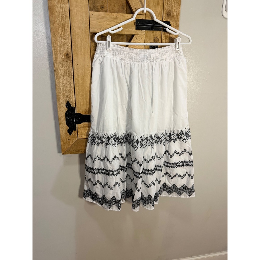 White Embroidered Tiered Midi Skirt Smocked Waist Boho Coastal Pockets